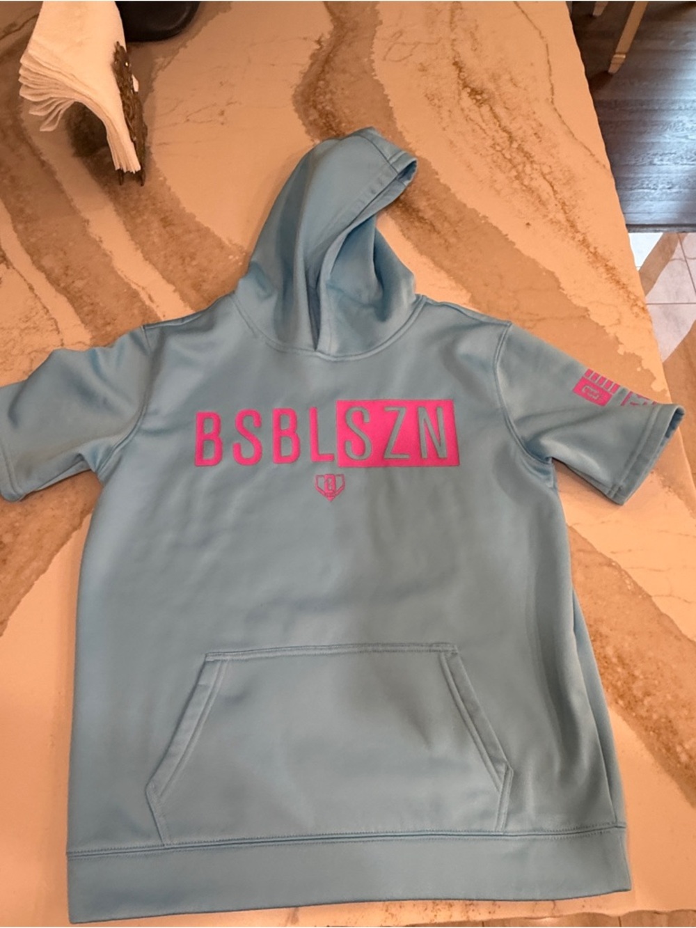 BSBL SZN Kids' Light Blue Short-Sleeve Hoodie with Pink Logo